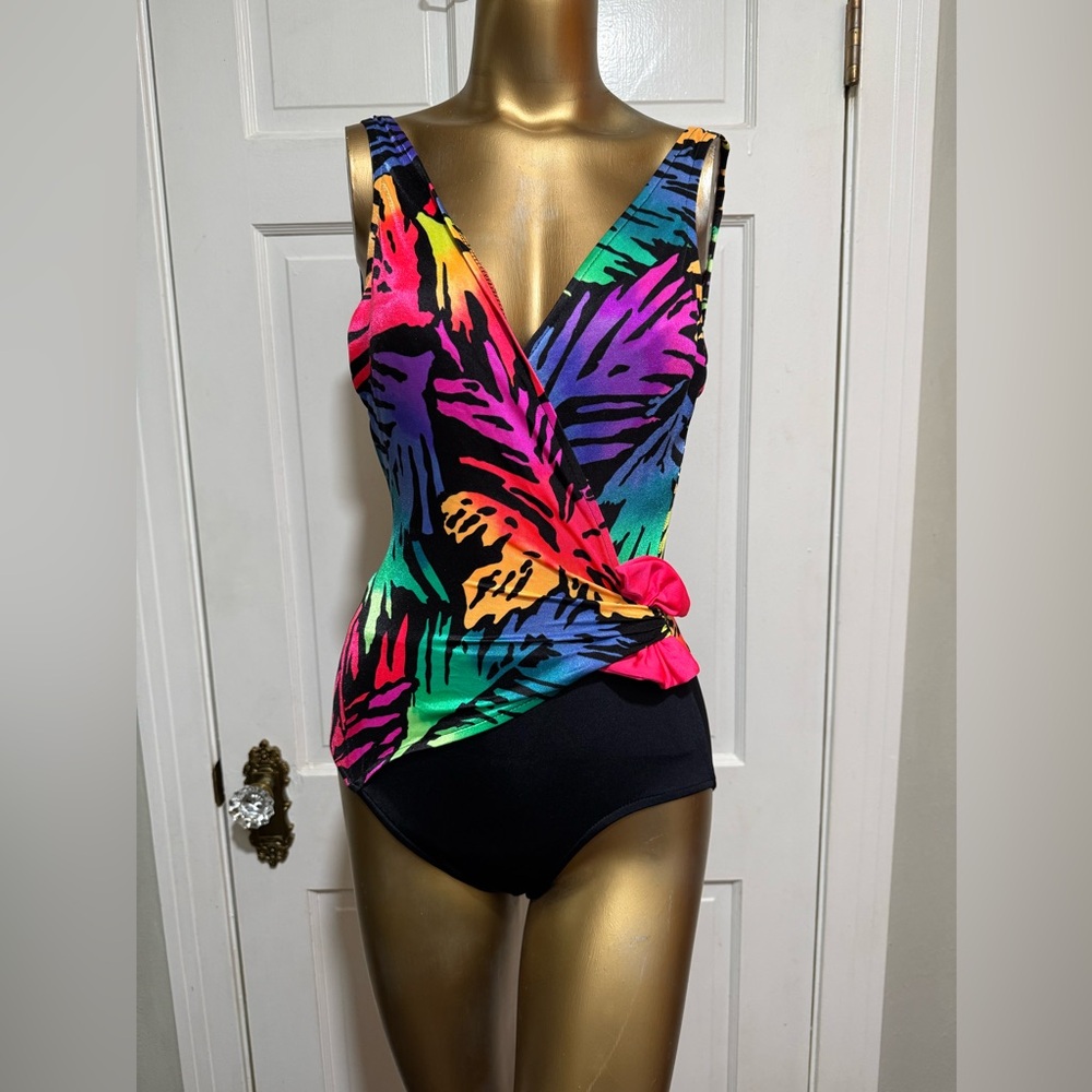 Vintage Womens One Piece Swimsuit Floral Neon Colored Bow Size 6 Black